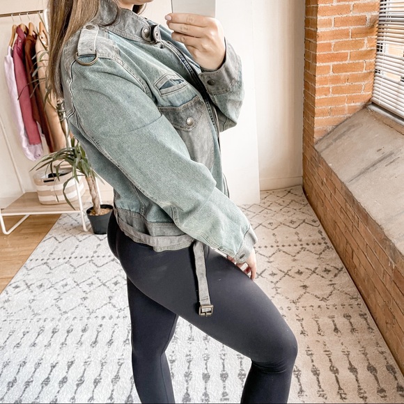 See by Chloe Distressed Military Leather Trim Jean Jacket - Picture 3 of 7